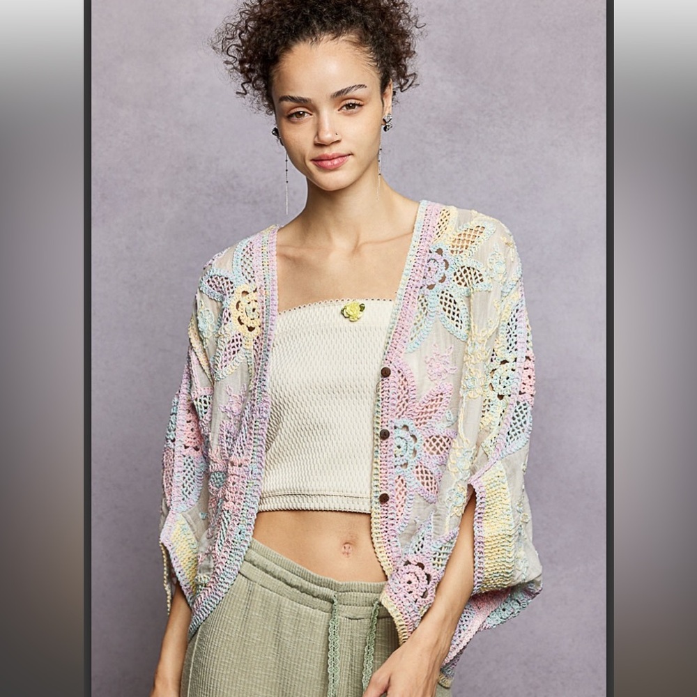 POL Pastel Multi-Color Crocheted Cardigan